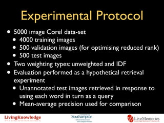 Experimental Protocol
• 5000 image Corel data-set
• 4000 training images
• 500 validation images (for optimising reduced rank)
• 500 test images
• Two weighting types: unweighted and IDF
• Evaluation performed as a hypothetical retrieval
experiment
• Unannotated test images retrieved in response to
using each word in turn as a query
• Mean-average precision used for comparison
 