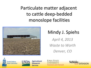 Particulate matter adjacent
to cattle deep-bedded
monoslope facilities
Mindy J. Spiehs
April 4, 2013
Waste to Worth
Denver, CO
 