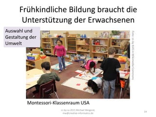 Frühkindliche Bildung braucht die
Unterstützung der Erwachsenen
cc-by-sa 2015 Michael Weigend,
mw@creative-informatics.de
14
Auswahl und
Gestaltung der
Umwelt
Montessori-Klassenraum USA
Foto:cc-byKJJSinWikimediaCommons
 