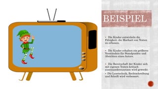 BEISPIEL
 Die Kinder entwickeln die
Fähigkeit, die Machart von Texten
zu erfassen.
 Die Kinder erhalten ein größeres
Verständnis für Standpunkte und
Absichten eines Autors.
 Die Bereitschaft der Kinder sich
mit eigenen Texten kritisch
auseinanderzusetzen wird geweckt.
 Die Lesetechnik, Rechtschreibung
und Schrift wird verbessert.
 