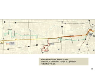 Westheimer Street, Houston after:
3 Routes, 0 Branches, 7 Days of Operation
Ridership +19.5%

                                            38
 