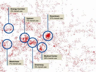 Energy Corridor
 2% transit use

                                             Downtown
                   Uptown                    37% transit use
                   7% transit use




                                       Medical Center
                                       28% transit use
Westchase
7% transit use
                            Greenway
                            5% transit use
 
