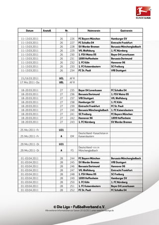 Datum          Anstoß               Nr.                     Heimverein                        Gastverein


11.-13.03.2011                      26         226      FC Bayern München                 Hamburger SV
11.-13.03.2011                      26         227      FC Schalke 04                     Eintracht Frankfurt
11.-13.03.2011                      26         228      SV Werder Bremen                  Borussia Mönchengladbach
11.-13.03.2011                      26         229      VfL Wolfsburg                     1. FC Nürnberg
11.-13.03.2011                      26         230      1. FSV Mainz 05                   Bayer 04 Leverkusen
11.-13.03.2011                      26         231      1899 Hoffenheim                   Borussia Dortmund
11.-13.03.2011                      26         232      1. FC Köln                        Hannover 96
11.-13.03.2011                      26         233      1. FC Kaiserslautern              SC Freiburg
11.-13.03.2011                      26         234      FC St. Pauli                      VfB Stuttgart


15./16.03.2011                     UCL         AF R
17. Mrz 2011 - Do                  UEL         AF R


18.-20.03.2011                      27         235      Bayer 04 Leverkusen               FC Schalke 04
18.-20.03.2011                      27         236      Borussia Dortmund                 1. FSV Mainz 05
18.-20.03.2011                      27         237      VfB Stuttgart                     VfL Wolfsburg
18.-20.03.2011                      27         238      Hamburger SV                      1. FC Köln
18.-20.03.2011                      27         239      Eintracht Frankfurt               FC St. Pauli
18.-20.03.2011                      27         240      Borussia Mönchengladbach          1. FC Kaiserslautern
18.-20.03.2011                      27         241      SC Freiburg                       FC Bayern München
18.-20.03.2011                      27         242      Hannover 96                       1899 Hoffenheim
18.-20.03.2011                      27         243      1. FC Nürnberg                    SV Werder Bremen


25. Mrz 2011 - Fr                  U21
                                                        Deutschland - Kasachstan in
25. Mrz 2011 - Fr                    A         EM       Kaiserslautern


29. Mrz 2011 - Di                  U21
                                                        Deutschland - n.n. in
29. Mrz 2011 - Di                    A         FS       Mönchengladbach


01.-03.04.2011                      28         244      FC Bayern München                 Borussia Mönchengladbach
01.-03.04.2011                      28         245      SV Werder Bremen                  VfB Stuttgart
01.-03.04.2011                      28         246      Borussia Dortmund                 Hannover 96
01.-03.04.2011                      28         247      VfL Wolfsburg                     Eintracht Frankfurt
01.-03.04.2011                      28         248      1. FSV Mainz 05                   SC Freiburg
01.-03.04.2011                      28         249      1899 Hoffenheim                   Hamburger SV
01.-03.04.2011                      28         250      1. FC Köln                        1. FC Nürnberg
01.-03.04.2011                      28         251      1. FC Kaiserslautern              Bayer 04 Leverkusen
01.-03.04.2011                      28         252      FC St. Pauli                      FC Schalke 04




                             © Die Liga – Fußballverband e.V.
                     Alle weiteren Informationen zur Saison 2010/2011 unter www.bundesliga.de
 
