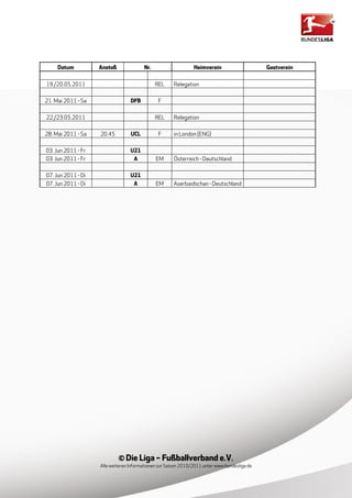 Datum          Anstoß              Nr.                     Heimverein                     Gastverein


19./20.05.2011                                REL     Relegation

21. Mai 2011 - Sa                 DFB          F

22./23.05.2011                                REL     Relegation

28. Mai 2011 - Sa   20.45         UCL          F      in London (ENG)

03. Jun 2011 - Fr                 U21
03. Jun 2011 - Fr                  A          EM      Österreich - Deutschland

07. Jun 2011 - Di                 U21
07. Jun 2011 - Di                  A          EM      Aserbaidschan - Deutschland




                             © Die Liga – Fußballverband e.V.
                    Alle weiteren Informationen zur Saison 2010/2011 unter www.bundesliga.de
 