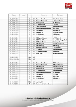 Datum          Anstoß               Nr.                   Heimverein                        Gastverein


21./22.09.2010                      5          37     Bayer 04 Leverkusen               Eintracht Frankfurt
21./22.09.2010                      5          38     Borussia Dortmund                 1. FC Kaiserslautern
21./22.09.2010                      5          39     Hamburger SV                      VfL Wolfsburg
21./22.09.2010                      5          40     1. FSV Mainz 05                   1. FC Köln
21./22.09.2010                      5          41     1899 Hoffenheim                   FC Bayern München
21./22.09.2010                      5          42     Borussia Mönchengladbach          FC St. Pauli
21./22.09.2010                      5          43     SC Freiburg                       FC Schalke 04
21./22.09.2010                      5          44     Hannover 96                       SV Werder Bremen
21./22.09.2010                      5          45     1. FC Nürnberg                    VfB Stuttgart


24.-26.09.2010                      6          46     FC Bayern München                 1. FSV Mainz 05
24.-26.09.2010                      6          47     FC Schalke 04                     Borussia Mönchengladbach
24.-26.09.2010                      6          48     SV Werder Bremen                  Hamburger SV
24.-26.09.2010                      6          49     VfB Stuttgart                     Bayer 04 Leverkusen
24.-26.09.2010                      6          50     VfL Wolfsburg                     SC Freiburg
24.-26.09.2010                      6          51     Eintracht Frankfurt               1. FC Nürnberg
24.-26.09.2010                      6          52     1. FC Köln                        1899 Hoffenheim
24.-26.09.2010                      6          53     1. FC Kaiserslautern              Hannover 96
24.-26.09.2010                      6          54     FC St. Pauli                      Borussia Dortmund


28./29.09.2010                     UCL         Sp 2
30. Sep 2010 - Do                  UEL         Sp 2


01.-03.10.2010                      7          55     Bayer 04 Leverkusen               SV Werder Bremen
01.-03.10.2010                      7          56     Borussia Dortmund                 FC Bayern München
01.-03.10.2010                      7          57     VfB Stuttgart                     Eintracht Frankfurt
01.-03.10.2010                      7          58     Hamburger SV                      1. FC Kaiserslautern
01.-03.10.2010                      7          59     1. FSV Mainz 05                   1899 Hoffenheim
01.-03.10.2010                      7          60     Borussia Mönchengladbach          VfL Wolfsburg
01.-03.10.2010                      7          61     SC Freiburg                       1. FC Köln
01.-03.10.2010                      7          62     Hannover 96                       FC St. Pauli
01.-03.10.2010                      7          63     1. FC Nürnberg                    FC Schalke 04


08. Okt 2010 - Fr                 U21          EM     ggf. Play-Off
08. Okt 2010 - Fr                   A          EM     Deutschland - Türkei in Berlin




                             © Die Liga – Fußballverband e.V.
                    Alle weiteren Informationen zur Saison 2010/2011 unter www.bundesliga.de
 
