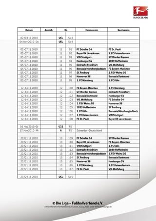 Datum          Anstoß               Nr.                    Heimverein                       Gastverein


02./03.11.2010                     UCL         Sp 4
04. Nov 2010 - Do                  UEL         Sp 4


05.-07.11.2010                      11         91     FC Schalke 04                     FC St. Pauli
05.-07.11.2010                      11         92     Bayer 04 Leverkusen               1. FC Kaiserslautern
05.-07.11.2010                      11         93     VfB Stuttgart                     SV Werder Bremen
05.-07.11.2010                      11         94     Hamburger SV                      1899 Hoffenheim
05.-07.11.2010                      11         95     Eintracht Frankfurt               VfL Wolfsburg
05.-07.11.2010                      11         96     Borussia Mönchengladbach          FC Bayern München
05.-07.11.2010                      11         97     SC Freiburg                       1. FSV Mainz 05
05.-07.11.2010                      11         98     Hannover 96                       Borussia Dortmund
05.-07.11.2010                      11         99     1. FC Nürnberg                    1. FC Köln


12.-14.11.2010                      12         100    FC Bayern München                 1. FC Nürnberg
12.-14.11.2010                      12         101    SV Werder Bremen                  Eintracht Frankfurt
12.-14.11.2010                      12         102    Borussia Dortmund                 Hamburger SV
12.-14.11.2010                      12         103    VfL Wolfsburg                     FC Schalke 04
12.-14.11.2010                      12         104    1. FSV Mainz 05                   Hannover 96
12.-14.11.2010                      12         105    1899 Hoffenheim                   SC Freiburg
12.-14.11.2010                      12         106    1. FC Köln                        Borussia Mönchengladbach
12.-14.11.2010                      12         107    1. FC Kaiserslautern              VfB Stuttgart
12.-14.11.2010                      12         108    FC St. Pauli                      Bayer 04 Leverkusen


16. Nov 2010 - Di                  U21         FS
17. Nov 2010 - Mi                   A          FS     Schweden - Deutschland


20./21.11.2010                      13         109    FC Schalke 04                     SV Werder Bremen
20./21.11.2010                      13         110    Bayer 04 Leverkusen               FC Bayern München
20./21.11.2010                      13         111    VfB Stuttgart                     1. FC Köln
20./21.11.2010                      13         112    Eintracht Frankfurt               1899 Hoffenheim
20./21.11.2010                      13         113    Borussia Mönchengladbach          1. FSV Mainz 05
20./21.11.2010                      13         114    SC Freiburg                       Borussia Dortmund
20./21.11.2010                      13         115    Hannover 96                       Hamburger SV
20./21.11.2010                      13         116    1. FC Nürnberg                    1. FC Kaiserslautern
20./21.11.2010                      13         117    FC St. Pauli                      VfL Wolfsburg


23./24.11.2010                     UCL         Sp 5




                             © Die Liga – Fußballverband e.V.
                    Alle weiteren Informationen zur Saison 2010/2011 unter www.bundesliga.de
 