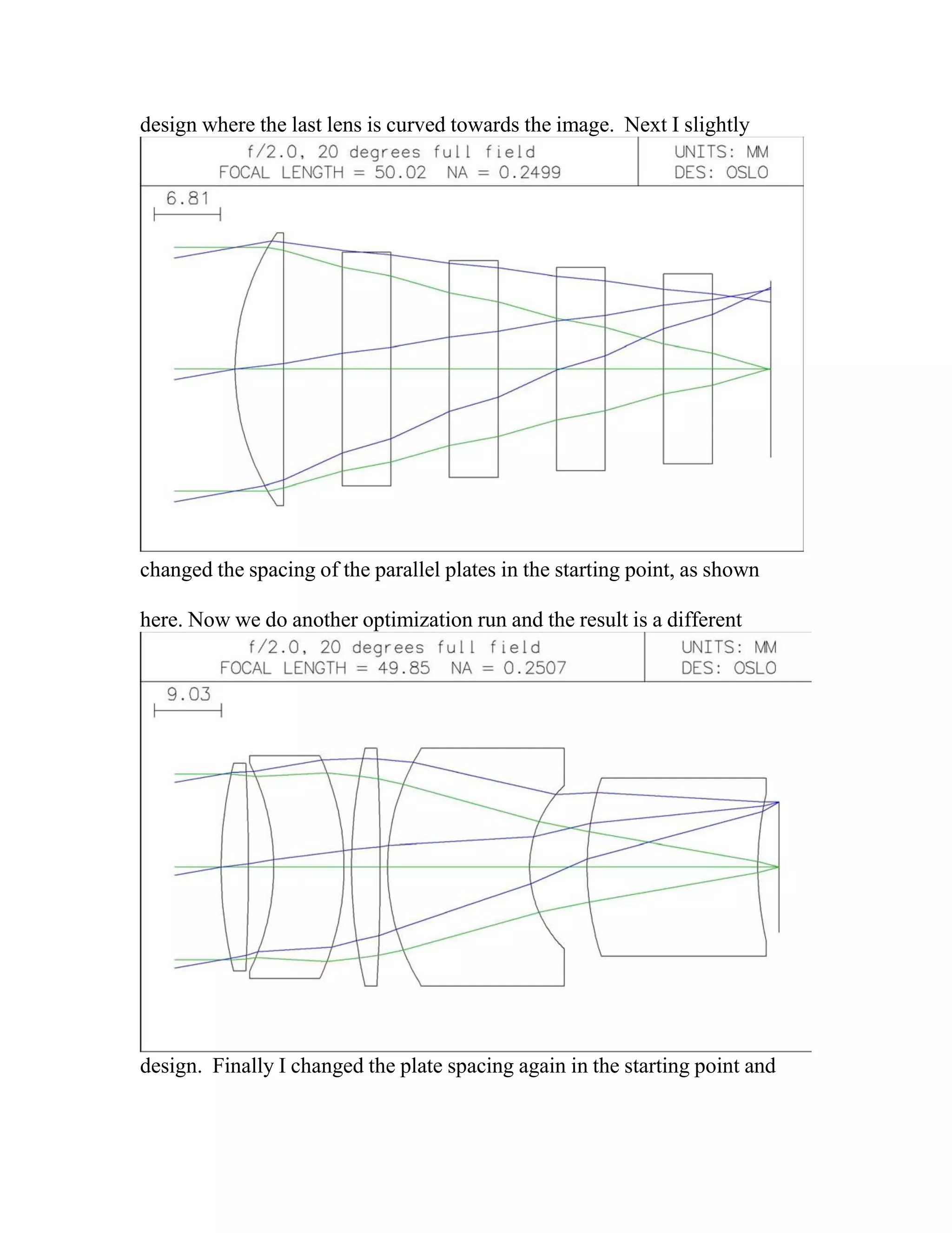 design where the last lens is curved towards the image. Next I slightly
changed the spacing of the parallel plates in the starting point, as shown
here. Now we do another optimization run and the result is a different
design. Finally I changed the plate spacing again in the starting point and
 