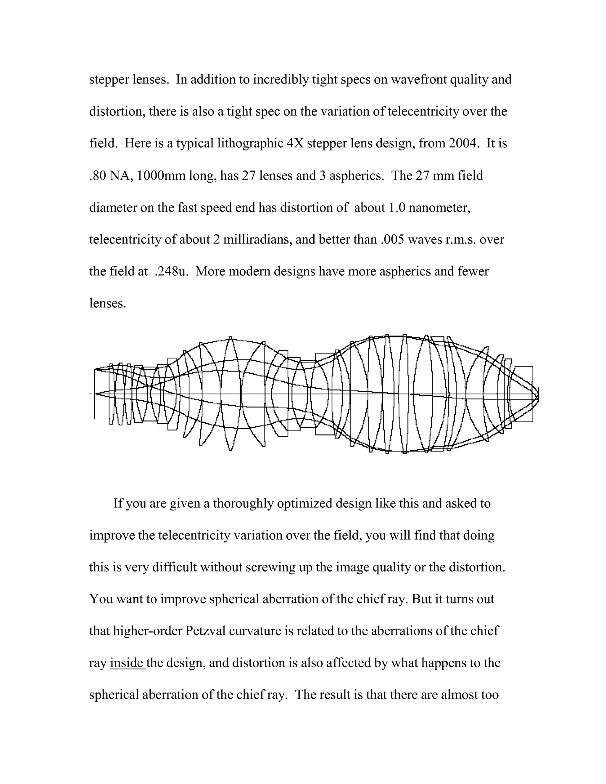 stepper lenses. In addition to incredibly tight specs on wavefront quality and
distortion, there is also a tight spec on the variation of telecentricity over the
field. Here is a typical lithographic 4X stepper lens design, from 2004. It is
.80 NA, 1000mm long, has 27 lenses and 3 aspherics. The 27 mm field
diameter on the fast speed end has distortion of about 1.0 nanometer,
telecentricity of about 2 milliradians, and better than .005 waves r.m.s. over
the field at .248u. More modern designs have more aspherics and fewer
lenses.
If you are given a thoroughly optimized design like this and asked to
improve the telecentricity variation over the field, you will find that doing
this is very difficult without screwing up the image quality or the distortion.
You want to improve spherical aberration of the chief ray. But it turns out
that higher-order Petzval curvature is related to the aberrations of the chief
ray inside the design, and distortion is also affected by what happens to the
spherical aberration of the chief ray. The result is that there are almost too
 