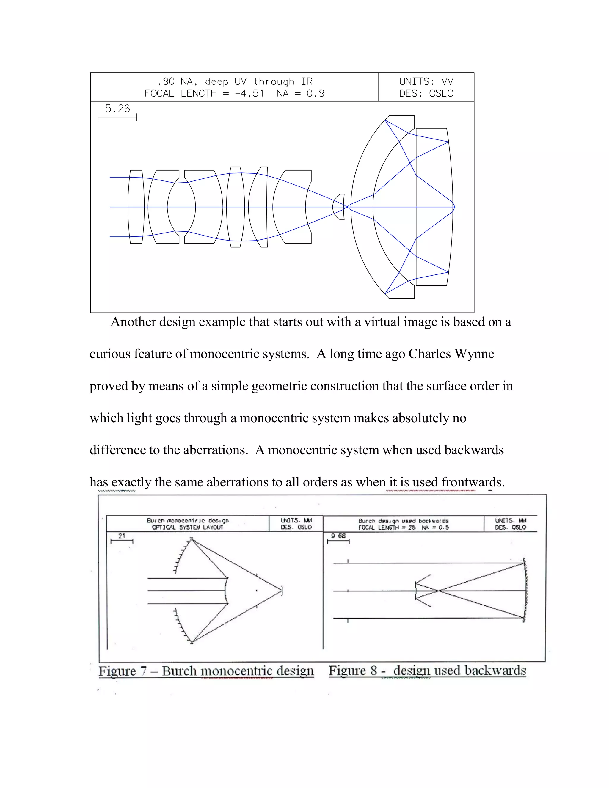 Another design example that starts out with a virtual image is based on a
curious feature of monocentric systems. A long time ago Charles Wynne
proved by means of a simple geometric construction that the surface order in
which light goes through a monocentric system makes absolutely no
difference to the aberrations. A monocentric system when used backwards
has exactly the same aberrations to all orders as when it is used frontwards.
 