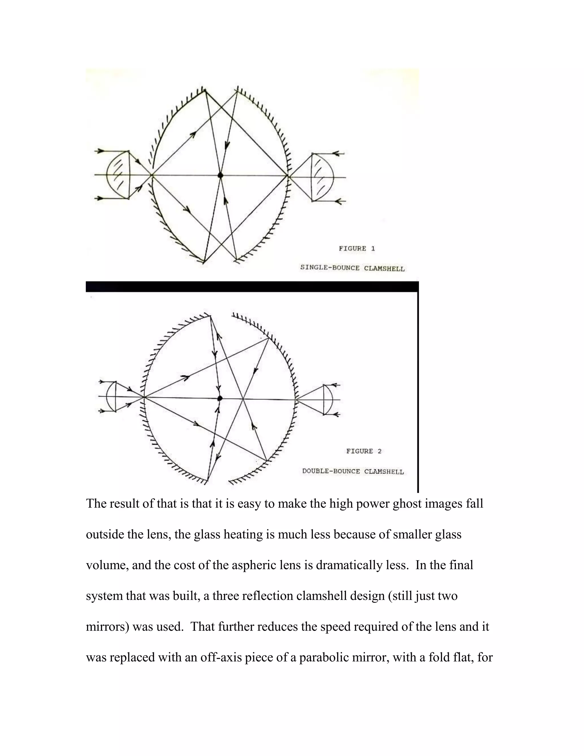 The result of that is that it is easy to make the high power ghost images fall
outside the lens, the glass heating is much less because of smaller glass
volume, and the cost of the aspheric lens is dramatically less. In the final
system that was built, a three reflection clamshell design (still just two
mirrors) was used. That further reduces the speed required of the lens and it
was replaced with an off-axis piece of a parabolic mirror, with a fold flat, for
 