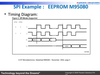 SPI Example : EEPROM M95080
  • Timing Diagram:




            © ST Microelectronics Datasheet M95080 – November 2002, page 4




Technology beyond the Dreams™                                       Copyright © 2006 Pantech Solutions Pvt
 