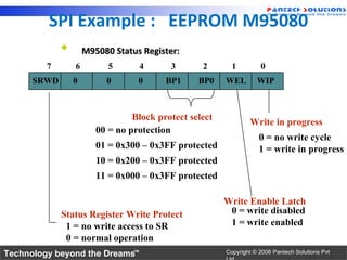 SPI Example : EEPROM M95080
             
                     M95080 Status Register:
         7       6         5      4       3       2       1         0
      SRWD       0        0       0      BP1     BP0    WEL        WIP



                                 Block protect select
                                                                Write in progress
                        00 = no protection
                                                                    0 = no write cycle
                        01 = 0x300 – 0x3FF protected                1 = write in progress
                        10 = 0x200 – 0x3FF protected
                        11 = 0x000 – 0x3FF protected

                                                        Write Enable Latch
             Status Register Write Protect               0 = write disabled
              1 = no write access to SR                  1 = write enabled
              0 = normal operation
Technology beyond the Dreams™                           Copyright © 2006 Pantech Solutions Pvt
 