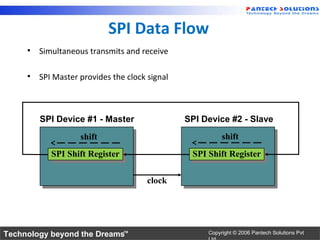 SPI Data Flow
     • Simultaneous transmits and receive

     • SPI Master provides the clock signal



        SPI Device #1 - Master                SPI Device #2 - Slave
                   shift                                shift
           SPI Shift Register
            SPI Shift Register                 SPI Shift Register
                                                SPI Shift Register

                                     clock




Technology beyond the Dreams™                      Copyright © 2006 Pantech Solutions Pvt
 