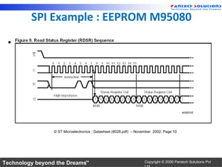 SPI Example : EEPROM M95080

 • Timing Diagram RDSR:




                 © ST Microelectronics ; Datasheet (8028.pdf) – November 2002; Page 10




Technology beyond the Dreams™                                      Copyright © 2006 Pantech Solutions Pvt
 