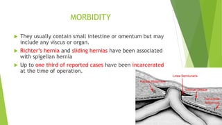 MORBIDITY
 They usually contain small intestine or omentum but may
include any viscus or organ.
 Richter’s hernia and sliding hernias have been associated
with spigelian hernia
 Up to one third of reported cases have been incarcerated
at the time of operation.
 