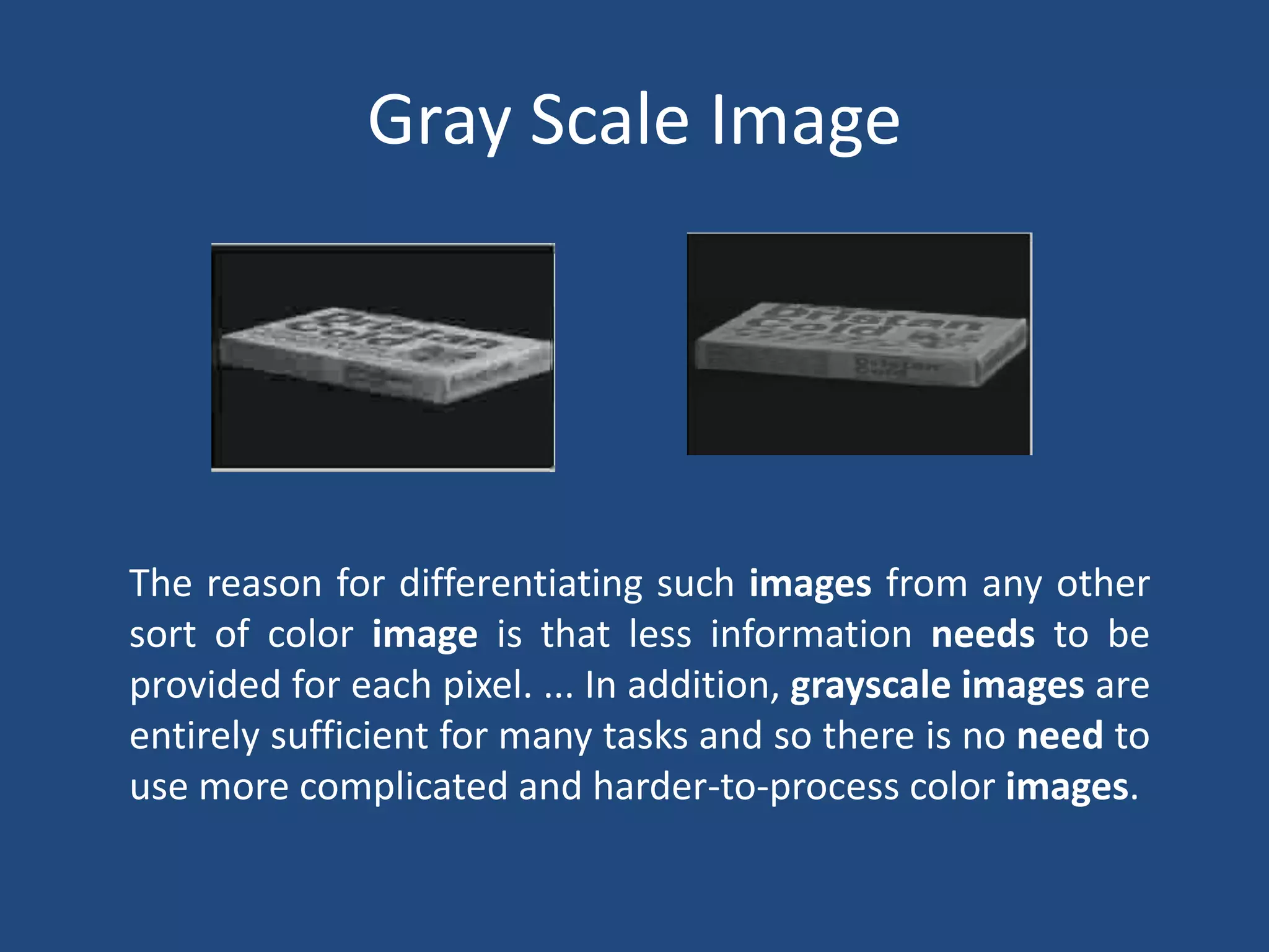 Gray Scale Image
The reason for differentiating such images from any other
sort of color image is that less information needs to be
provided for each pixel. ... In addition, grayscale images are
entirely sufficient for many tasks and so there is no need to
use more complicated and harder-to-process color images.
 
