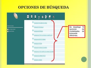 OPCIONES DE BÚSQUEDA




                       Se despliega 10
                       opciones     de
                       modalidades de
                       búsqueda
                       diferentes.
 