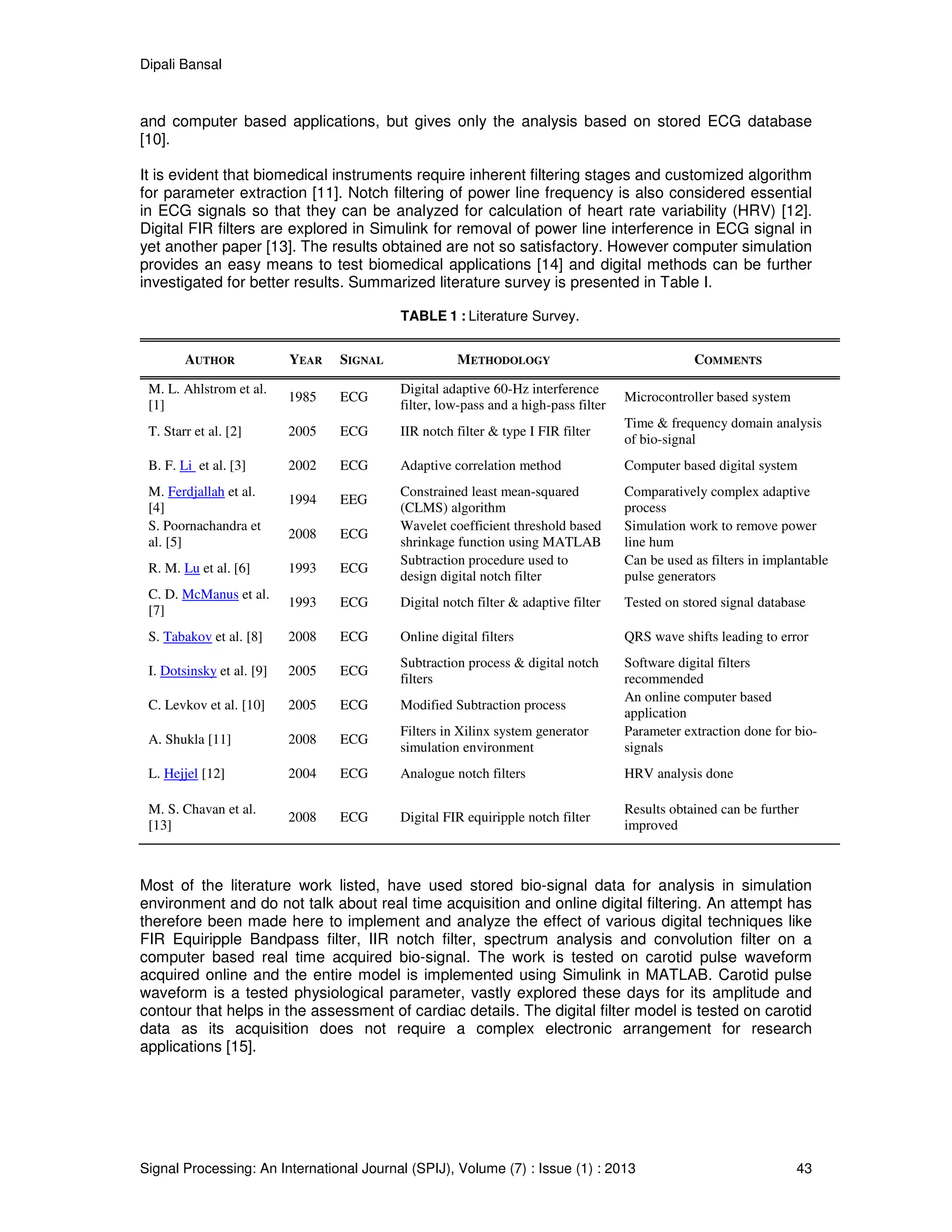 Dipali Bansal
Signal Processing: An International Journal (SPIJ), Volume (7) : Issue (1) : 2013 43
and computer based applications, but gives only the analysis based on stored ECG database
[10].
It is evident that biomedical instruments require inherent filtering stages and customized algorithm
for parameter extraction [11]. Notch filtering of power line frequency is also considered essential
in ECG signals so that they can be analyzed for calculation of heart rate variability (HRV) [12].
Digital FIR filters are explored in Simulink for removal of power line interference in ECG signal in
yet another paper [13]. The results obtained are not so satisfactory. However computer simulation
provides an easy means to test biomedical applications [14] and digital methods can be further
investigated for better results. Summarized literature survey is presented in Table I.
Most of the literature work listed, have used stored bio-signal data for analysis in simulation
environment and do not talk about real time acquisition and online digital filtering. An attempt has
therefore been made here to implement and analyze the effect of various digital techniques like
FIR Equiripple Bandpass filter, IIR notch filter, spectrum analysis and convolution filter on a
computer based real time acquired bio-signal. The work is tested on carotid pulse waveform
acquired online and the entire model is implemented using Simulink in MATLAB. Carotid pulse
waveform is a tested physiological parameter, vastly explored these days for its amplitude and
contour that helps in the assessment of cardiac details. The digital filter model is tested on carotid
data as its acquisition does not require a complex electronic arrangement for research
applications [15].
TABLE 1 : Literature Survey.
AUTHOR YEAR SIGNAL METHODOLOGY COMMENTS
M. L. Ahlstrom et al.
[1]
1985 ECG
Digital adaptive 60-Hz interference
filter, low-pass and a high-pass filter
Microcontroller based system
T. Starr et al. [2] 2005 ECG IIR notch filter & type I FIR filter
Time & frequency domain analysis
of bio-signal
B. F. Li et al. [3] 2002 ECG Adaptive correlation method Computer based digital system
M. Ferdjallah et al.
[4]
1994 EEG
Constrained least mean-squared
(CLMS) algorithm
Comparatively complex adaptive
process
S. Poornachandra et
al. [5]
2008 ECG
Wavelet coefficient threshold based
shrinkage function using MATLAB
Simulation work to remove power
line hum
R. M. Lu et al. [6] 1993 ECG
Subtraction procedure used to
design digital notch filter
Can be used as filters in implantable
pulse generators
C. D. McManus et al.
[7]
1993 ECG Digital notch filter & adaptive filter Tested on stored signal database
S. Tabakov et al. [8] 2008 ECG Online digital filters QRS wave shifts leading to error
I. Dotsinsky et al. [9] 2005 ECG
Subtraction process & digital notch
filters
Software digital filters
recommended
C. Levkov et al. [10] 2005 ECG Modified Subtraction process
An online computer based
application
A. Shukla [11] 2008 ECG
Filters in Xilinx system generator
simulation environment
Parameter extraction done for bio-
signals
L. Hejjel [12] 2004 ECG Analogue notch filters HRV analysis done
M. S. Chavan et al.
[13]
2008 ECG Digital FIR equiripple notch filter
Results obtained can be further
improved
 