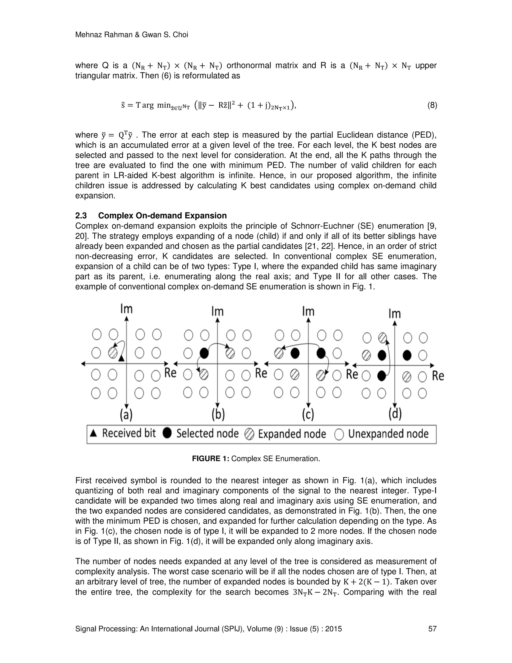Mehnaz Rahman & Gwan S. Choi
Signal Processing: An International
where Q is a ሺNୖ + N୘ሻ × ሺN
triangular matrix. Then (6) is reformulated as
sො = T arg min୸෤∈࣯ొ౐
where y෬ = Q୘
y෤ . The error at each step is measured by the partial
which is an accumulated error at a given level of
selected and passed to the next lev
tree are evaluated to find the one
parent in LR-aided K-best algorithm is
children issue is addressed by calculating K best candidates using complex on
expansion.
2.3 Complex On-demand Expansion
Complex on-demand expansion ex
20]. The strategy employs expanding of a node (child) if and only if all of it
already been expanded and chosen as the partial candidates
non-decreasing error, K candidates are selected. In conventional complex SE enumeration,
expansion of a child can be of two types: Type I, where the expanded child has same imaginary
part as its parent, i.e. enumerating
example of conventional complex on
First received symbol is rounded to the nearest integer as shown in Fig. 1(a), which includes
quantizing of both real and imaginary components of the signal to the nearest integer. Type
candidate will be expanded two times along real and imaginary axis u
the two expanded nodes are considered candidates, as demonstrated in Fig. 1(b). Then, the one
with the minimum PED is chosen, and expanded for further calculation depending on the type. As
in Fig. 1(c), the chosen node is of type I
is of Type II, as shown in Fig. 1(d), it will be expanded only along imaginary axis.
The number of nodes needs expanded
complexity analysis. The worst case scenario will be if all the nodes chosen are of type I. Then, at
an arbitrary level of tree, the number of expanded nodes is bounded by
the entire tree, the complexity for the search becomes
: An International Journal (SPIJ), Volume (9) : Issue (5) : 2015
ሺNୖ + N୘ሻ orthonormal matrix and R is a ሺNୖ + N୘
) is reformulated as
൫‖y෬ − Rz෤‖ଶ
+ ሺ1 + jሻଶ୒౐×ଵ൯,
The error at each step is measured by the partial Euclidean distance (PED),
r at a given level of the tree. For each level, the K best nodes are
and passed to the next level for consideration. At the end, all the K paths through the
to find the one with minimum PED. The number of valid children for each
best algorithm is infinite. Hence, in our proposed algorithm
children issue is addressed by calculating K best candidates using complex on
Expansion
demand expansion exploits the principle of Schnorr-Euchner (SE) enumeration [
expanding of a node (child) if and only if all of its better siblings have
and chosen as the partial candidates [21, 22]. Hence, in an order of strict
decreasing error, K candidates are selected. In conventional complex SE enumeration,
expansion of a child can be of two types: Type I, where the expanded child has same imaginary
part as its parent, i.e. enumerating along the real axis; and Type II for all other cases. The
example of conventional complex on-demand SE enumeration is shown in Fig. 1.
FIGURE 1: Complex SE Enumeration.
First received symbol is rounded to the nearest integer as shown in Fig. 1(a), which includes
quantizing of both real and imaginary components of the signal to the nearest integer. Type
candidate will be expanded two times along real and imaginary axis using SE enumeration, and
the two expanded nodes are considered candidates, as demonstrated in Fig. 1(b). Then, the one
with the minimum PED is chosen, and expanded for further calculation depending on the type. As
in Fig. 1(c), the chosen node is of type I, it will be expanded to 2 more nodes. If the chosen node
is of Type II, as shown in Fig. 1(d), it will be expanded only along imaginary axis.
expanded at any level of the tree is considered as measurement of
The worst case scenario will be if all the nodes chosen are of type I. Then, at
an arbitrary level of tree, the number of expanded nodes is bounded by K + 2ሺK − 1
the entire tree, the complexity for the search becomes 3N୘K − 2N୘. Comparing with the
57
୘ሻ × N୘ upper
(8)
Euclidean distance (PED),
, the K best nodes are
paths through the
The number of valid children for each
lgorithm, the infinite
-demand child
enumeration [9,
better siblings have
. Hence, in an order of strict
decreasing error, K candidates are selected. In conventional complex SE enumeration,
expansion of a child can be of two types: Type I, where the expanded child has same imaginary
ll other cases. The
First received symbol is rounded to the nearest integer as shown in Fig. 1(a), which includes
quantizing of both real and imaginary components of the signal to the nearest integer. Type-I
sing SE enumeration, and
the two expanded nodes are considered candidates, as demonstrated in Fig. 1(b). Then, the one
with the minimum PED is chosen, and expanded for further calculation depending on the type. As
, it will be expanded to 2 more nodes. If the chosen node
considered as measurement of
The worst case scenario will be if all the nodes chosen are of type I. Then, at
1ሻ. Taken over
Comparing with the real
 