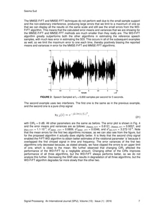 Seema Sud
Signal Processing: An International Journal (SPIJ), Volume (10) : Issue (1) : 2016 7
The MMSE-FrFT and MMSE-FFT techniques do not perform well due to the small sample support
and the non-stationary interference, producing large errors that we limit to a maximum of one so
that we can display all the results on the same scale and still see the small errors from the WD-
FrFT algorithm. This means that the calculated error means and variances that we are showing for
the MMSE-FrFT and MMSE-FFT methods are much smaller than they really are. The WD-FrFT
algorithm greatly outperforms both the other algorithms in estimating the reference speech
samples, with much less error in estimating the SOI. This occurs in all of the subsequent examples
as well, so we limit the maximum error to one each time, thereby positively biasing the reported
means and variances in error for the MMSE-FrFT and MMSE-FFT algorithms.
FIGURE 2: Speech Sampled at fs = 6,800 samples per second for 5 seconds.
The second example uses two interferers. The first one is the same as in the previous example,
and the second one is a pure chirp signal
(21)
with CIR2 = 0 dB. All other parameters are the same as before. The error plot is shown in Fig. 4
and the error means and variances are as follows: µMMSE−FrFT = 0.8121, µMMSE−FFT = 0.9557, and
µWD−FrFT = 1.1·10
−3
, σ
2
MMSE −FrFT = 0.0809, σ
2
MMSE −FFT = 0.0346, and σ
2
WD−FrFT = 3.272·10
−6
. Note
that the mean errors for the first two algorithms increase, as we can also see from the figure, but
for the proposed algorithm it actually does slightly better. It is likely that the second chirp signal
enabled the FrFT-WD algorithm to obtain better estimates of the rotational parameter ‘a’ because it
overlapped the first chirped signal in time and frequency. The error variances of the first two
algorithms only decrease because, as stated already, we have clipped the errors to an upper limit
of one, which is close to the mean. We further observed that changing CIR2 affected the
performance of the WD-FrFT by a negligible amount. Changing either of the CIRs improves
performance of all three algorithms, but the WD-FrFT always performs better, so we do not
analyze this further. Decreasing the SNR also results in degradation of all three algorithms, but the
WD-FrFT algorithm degrades far more slowly than the other two.
 