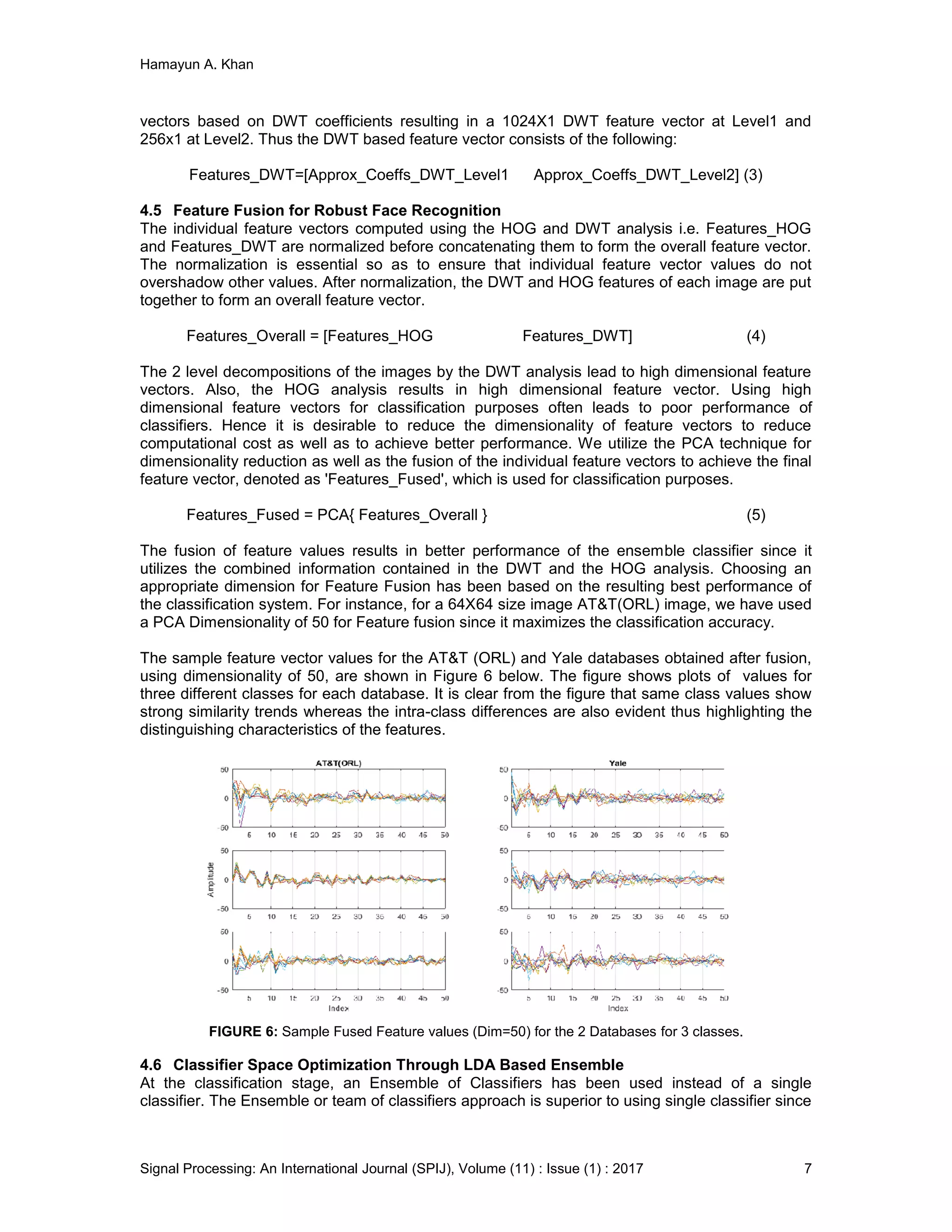 Hamayun A. Khan
Signal Processing: An International Journal (SPIJ), Volume (11) : Issue (1) : 2017 7
vectors based on DWT coefficients resulting in a 1024X1 DWT feature vector at Level1 and
256x1 at Level2. Thus the DWT based feature vector consists of the following:
Features_DWT=[Approx_Coeffs_DWT_Level1 Approx_Coeffs_DWT_Level2] (3)
4.5 Feature Fusion for Robust Face Recognition
The individual feature vectors computed using the HOG and DWT analysis i.e. Features_HOG
and Features_DWT are normalized before concatenating them to form the overall feature vector.
The normalization is essential so as to ensure that individual feature vector values do not
overshadow other values. After normalization, the DWT and HOG features of each image are put
together to form an overall feature vector.
Features_Overall = [Features_HOG Features_DWT] (4)
The 2 level decompositions of the images by the DWT analysis lead to high dimensional feature
vectors. Also, the HOG analysis results in high dimensional feature vector. Using high
dimensional feature vectors for classification purposes often leads to poor performance of
classifiers. Hence it is desirable to reduce the dimensionality of feature vectors to reduce
computational cost as well as to achieve better performance. We utilize the PCA technique for
dimensionality reduction as well as the fusion of the individual feature vectors to achieve the final
feature vector, denoted as 'Features_Fused', which is used for classification purposes.
Features_Fused = PCA{ Features_Overall } (5)
The fusion of feature values results in better performance of the ensemble classifier since it
utilizes the combined information contained in the DWT and the HOG analysis. Choosing an
appropriate dimension for Feature Fusion has been based on the resulting best performance of
the classification system. For instance, for a 64X64 size image AT&T(ORL) image, we have used
a PCA Dimensionality of 50 for Feature fusion since it maximizes the classification accuracy.
The sample feature vector values for the AT&T (ORL) and Yale databases obtained after fusion,
using dimensionality of 50, are shown in Figure 6 below. The figure shows plots of values for
three different classes for each database. It is clear from the figure that same class values show
strong similarity trends whereas the intra-class differences are also evident thus highlighting the
distinguishing characteristics of the features.
FIGURE 6: Sample Fused Feature values (Dim=50) for the 2 Databases for 3 classes.
4.6 Classifier Space Optimization Through LDA Based Ensemble
At the classification stage, an Ensemble of Classifiers has been used instead of a single
classifier. The Ensemble or team of classifiers approach is superior to using single classifier since
 