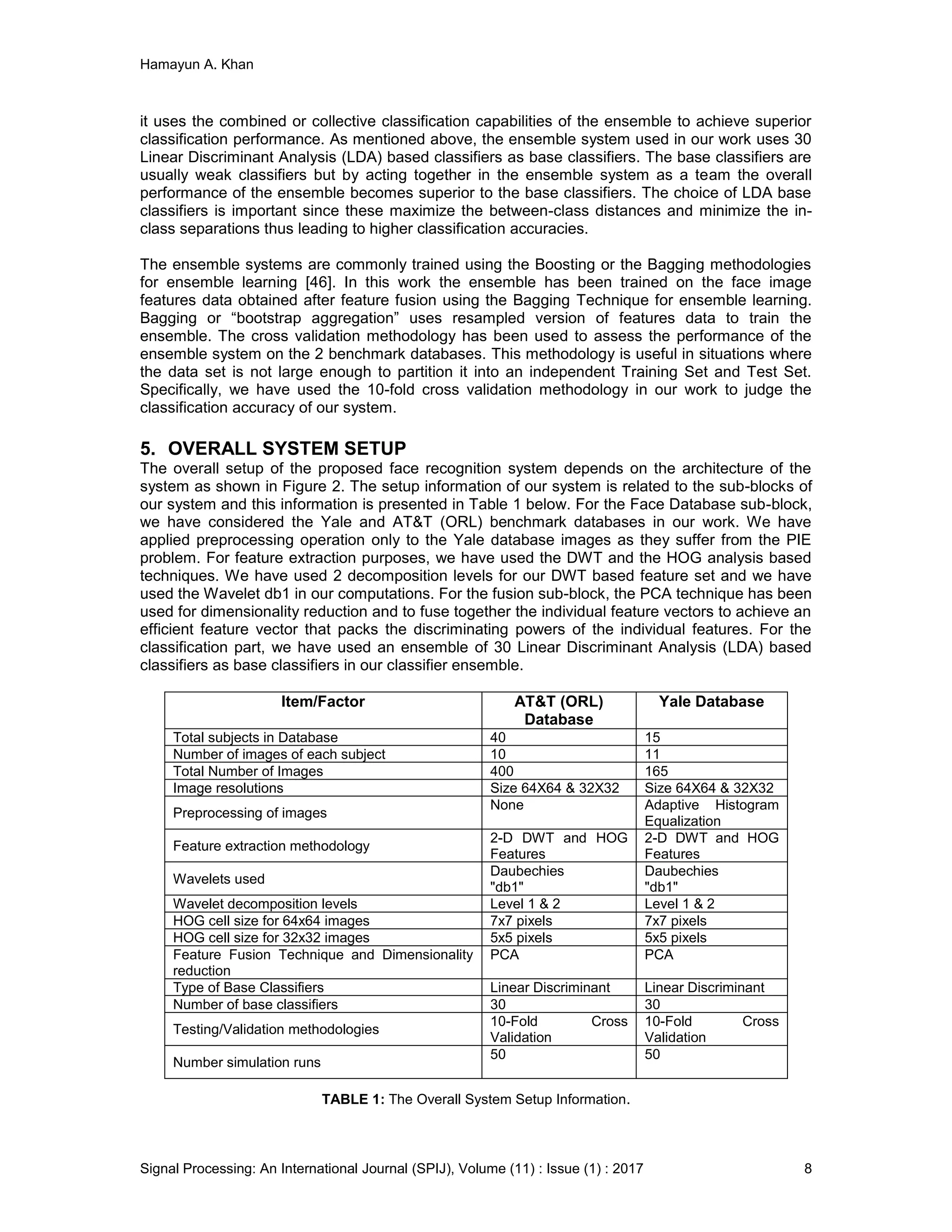 Hamayun A. Khan
Signal Processing: An International Journal (SPIJ), Volume (11) : Issue (1) : 2017 8
it uses the combined or collective classification capabilities of the ensemble to achieve superior
classification performance. As mentioned above, the ensemble system used in our work uses 30
Linear Discriminant Analysis (LDA) based classifiers as base classifiers. The base classifiers are
usually weak classifiers but by acting together in the ensemble system as a team the overall
performance of the ensemble becomes superior to the base classifiers. The choice of LDA base
classifiers is important since these maximize the between-class distances and minimize the in-
class separations thus leading to higher classification accuracies.
The ensemble systems are commonly trained using the Boosting or the Bagging methodologies
for ensemble learning [46]. In this work the ensemble has been trained on the face image
features data obtained after feature fusion using the Bagging Technique for ensemble learning.
Bagging or “bootstrap aggregation” uses resampled version of features data to train the
ensemble. The cross validation methodology has been used to assess the performance of the
ensemble system on the 2 benchmark databases. This methodology is useful in situations where
the data set is not large enough to partition it into an independent Training Set and Test Set.
Specifically, we have used the 10-fold cross validation methodology in our work to judge the
classification accuracy of our system.
5. OVERALL SYSTEM SETUP
The overall setup of the proposed face recognition system depends on the architecture of the
system as shown in Figure 2. The setup information of our system is related to the sub-blocks of
our system and this information is presented in Table 1 below. For the Face Database sub-block,
we have considered the Yale and AT&T (ORL) benchmark databases in our work. We have
applied preprocessing operation only to the Yale database images as they suffer from the PIE
problem. For feature extraction purposes, we have used the DWT and the HOG analysis based
techniques. We have used 2 decomposition levels for our DWT based feature set and we have
used the Wavelet db1 in our computations. For the fusion sub-block, the PCA technique has been
used for dimensionality reduction and to fuse together the individual feature vectors to achieve an
efficient feature vector that packs the discriminating powers of the individual features. For the
classification part, we have used an ensemble of 30 Linear Discriminant Analysis (LDA) based
classifiers as base classifiers in our classifier ensemble.
Item/Factor AT&T (ORL)
Database
Yale Database
Total subjects in Database 40 15
Number of images of each subject 10 11
Total Number of Images 400 165
Image resolutions Size 64X64 & 32X32 Size 64X64 & 32X32
Preprocessing of images
None Adaptive Histogram
Equalization
Feature extraction methodology
2-D DWT and HOG
Features
2-D DWT and HOG
Features
Wavelets used
Daubechies
"db1"
Daubechies
"db1"
Wavelet decomposition levels Level 1 & 2 Level 1 & 2
HOG cell size for 64x64 images 7x7 pixels 7x7 pixels
HOG cell size for 32x32 images 5x5 pixels 5x5 pixels
Feature Fusion Technique and Dimensionality
reduction
PCA PCA
Type of Base Classifiers Linear Discriminant Linear Discriminant
Number of base classifiers 30 30
Testing/Validation methodologies
10-Fold Cross
Validation
10-Fold Cross
Validation
Number simulation runs
50 50
TABLE 1: The Overall System Setup Information.
 
