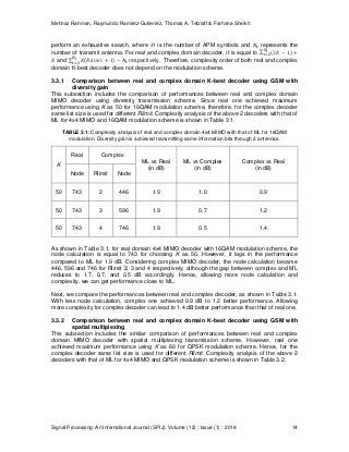 Mehnaz Rahman, Raymundo Ramirez-Gutierrez, Thomas A. Tetzlaff & Farhana Sheikh
Signal Processing: An International Journal (SPIJ), Volume (12) : Issue (1) : 2018 14
perform an exhaustive search, where is the number of APM symbols and represents the
number of transmit antenna. For real and complex domain decoder, it is equal to
and respectively. Therefore, complexity order of both real and complex
domain K-best decoder does not depend on the modulation scheme.
3.3.1 Comparison between real and complex domain K-best decoder using GSM with
diversity gain
This subsection includes the comparison of performances between real and complex domain
MIMO decoder using diversity transmission scheme. Since real one achieved maximum
performance using K as 50 for 16QAM modulation scheme, therefore, for the complex decoder
same list size is used for different Rlimit. Complexity analysis of the above 2 decoders with that of
ML for 4x4 MIMO and 16QAM modulation scheme is shown in Table 3.1.
TABLE 3.1: Complexity analysis of real and complex domain 4x4 MIMO with that of ML for 16QAM
modulation. Diversity gain is achieved transmitting same information bits through 2 antennas.
K
Real Complex
ML vs Real
(in dB)
ML vs Complex
(in dB)
Complex vs Real
(in dB)
Node Rlimit Node
50 743 2 446 1.9 1.0 0.9
50 743 3 596 1.9 0.7 1.2
50 743 4 746 1.9 0.5 1.4
As shown in Table 3.1, for real domain 4x4 MIMO decoder with 16QAM modulation scheme, the
node calculation is equal to 743 for choosing K as 50. However, it lags in the performance
compared to ML for 1.9 dB. Considering complex MIMO decoder, the node calculation became
446, 596 and 746 for Rlimit 2, 3 and 4 respectively; although the gap between complex and ML
reduces to 1.7, 0.7, and 0.5 dB accordingly. Hence, allowing more node calculation and
complexity, we can get performance close to ML.
Next, we compare the performances between real and complex decoder, as shown in Table 3.1.
With less node calculation, complex one achieved 0.9 dB to 1.2 better performance. Allowing
more complexity for complex decoder can lead to 1.4 dB better performance than that of real one.
3.3.2 Comparison between real and complex domain K-best decoder using GSM with
spatial multiplexing
This subsection includes the similar comparison of performances between real and complex
domain MIMO decoder with spatial multiplexing transmission scheme. However, real one
achieved maximum performance using K as 60 for QPSK modulation scheme. Hence, for the
complex decoder same list size is used for different Rlimit. Complexity analysis of the above 2
decoders with that of ML for 4x4 MIMO and QPSK modulation scheme is shown in Table 3.2.
 