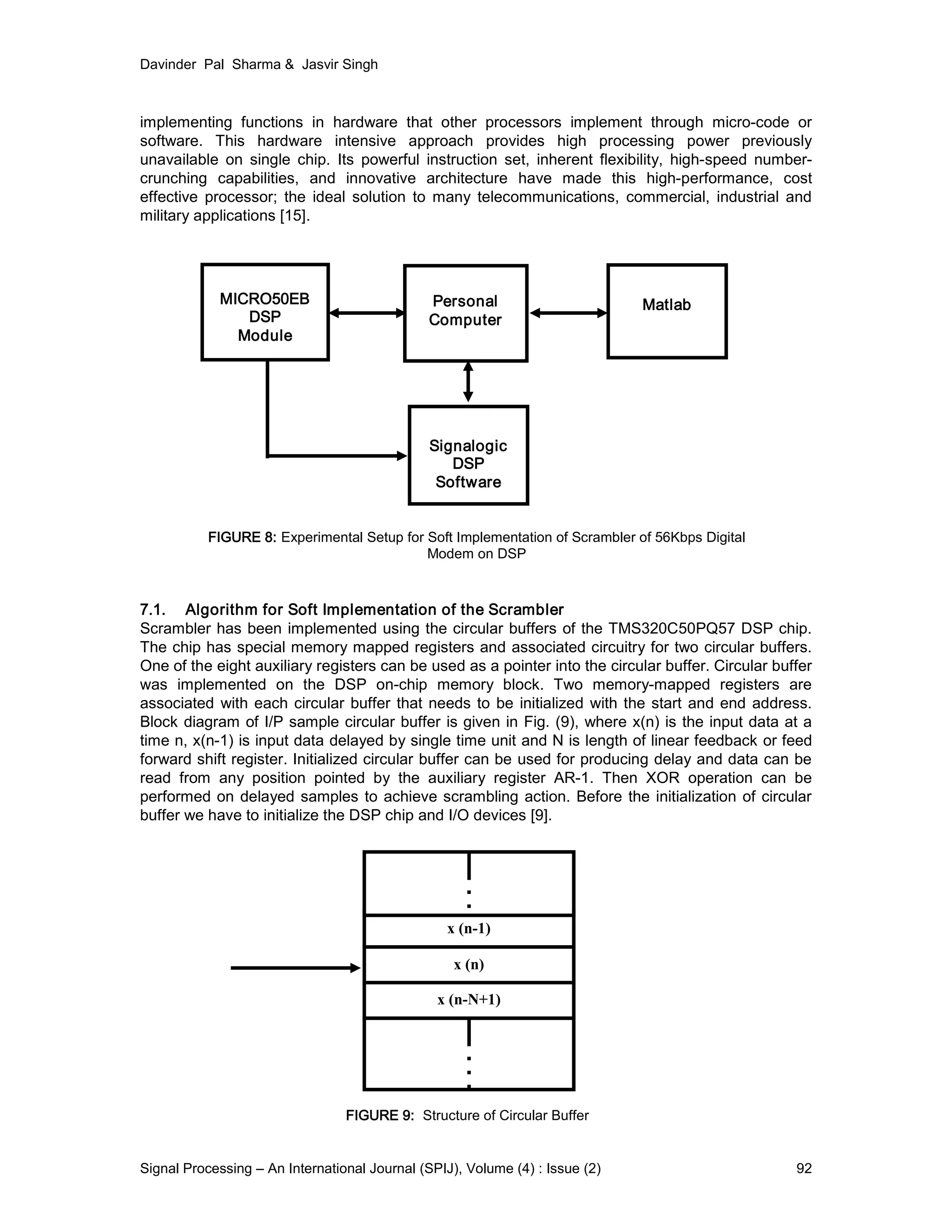 Davinder Pal Sharma & Jasvir Singh
Signal Processing – An International Journal (SPIJ), Volume (4) : Issue (2) 92
implementing functions in hardware that other processors implement through micro-code or
software. This hardware intensive approach provides high processing power previously
unavailable on single chip. Its powerful instruction set, inherent flexibility, high-speed number-
crunching capabilities, and innovative architecture have made this high-performance, cost
effective processor; the ideal solution to many telecommunications, commercial, industrial and
military applications [15].
7.1. Algorithm for Soft Implementation of the Scrambler
Scrambler has been implemented using the circular buffers of the TMS320C50PQ57 DSP chip.
The chip has special memory mapped registers and associated circuitry for two circular buffers.
One of the eight auxiliary registers can be used as a pointer into the circular buffer. Circular buffer
was implemented on the DSP on-chip memory block. Two memory-mapped registers are
associated with each circular buffer that needs to be initialized with the start and end address.
Block diagram of I/P sample circular buffer is given in Fig. (9), where x(n) is the input data at a
time n, x(n-1) is input data delayed by single time unit and N is length of linear feedback or feed
forward shift register. Initialized circular buffer can be used for producing delay and data can be
read from any position pointed by the auxiliary register AR-1. Then XOR operation can be
performed on delayed samples to achieve scrambling action. Before the initialization of circular
buffer we have to initialize the DSP chip and I/O devices [9].
MICRO50EB
DSP
Module
Personal
Computer
FIGURE 8: Experimental Setup for Soft Implementation of Scrambler of 56Kbps Digital
Modem on DSP
Matlab
Signalogic
DSP
Software
FIGURE 9: Structure of Circular Buffer
x (n-1)
x (n)
x (n-N+1)
 