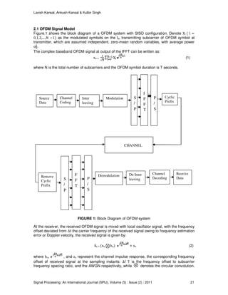 Lavish Kansal, Ankush Kansal & Kulbir Singh
Signal Processing: An International Journal (SPIJ), Volume (5) : Issue (2) : 2011 21
2.1 OFDM Signal Model
Figure.1 shows the block diagram of a OFDM system with SISO configuration. Denote Xl ( l =
0,1,2,....,N −1) as the modulated symbols on the lth transmitting subcarrier of OFDM symbol at
transmitter, which are assumed independent, zero-mean random variables, with average power
.
The complex baseband OFDM signal at output of the IFFT can be written as:
xn = l (1)
where N is the total number of subcarriers and the OFDM symbol duration is T seconds.
FIGURE 1: Block Diagram of OFDM system
At the receiver, the received OFDM signal is mixed with local oscillator signal, with the frequency
offset deviated from Δf the carrier frequency of the received signal owing to frequency estimation
error or Doppler velocity, the received signal is given by:
n = (xn hn) + zn (2)
where hn, , and zn represent the channel impulse response, the corresponding frequency
offset of received signal at the sampling instants: Δf T is the frequency offset to subcarrier
frequency spacing ratio, and the AWGN respectively, while denotes the circular convolution.
Channel
Coding
Inter
leaving
Modulation S
/
P
I
F
F
T
P
/
S
Cyclic
Prefix
CHANNEL
Remove
Cyclic
Prefix
S
/
P
F
F
T
P
/
S
Demodulation De-Inter
leaving
Channel
Decoding
Source
Data
Receive
Data
 