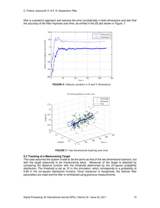 C. Prabha, Supriya M. H. & P. R. Saseendran Pillai
Signal Processing: An International Journal (SPIJ), Volume (5) : Issue (5), 2011 10
filter is a powerful approach and reduces the error considerably in both dimensions and also that
the accuracy of the filter improves over time, as vivified in the 2D plot shown in Figure. 7.
FIGURE 6: Velocity variation in X and Y dimensions
FIGURE 7: Two dimensional tracking over time
5.3 Tracking of a Maneuvering Target
This case assumes the system model to be the same as that of the two dimensional scenario, but
with the target presumed to be maneuvering twice. Maneuver of the target is detected by
comparing the distance function with the threshold determined by the chi square probability
distribution. The threshold is set as 10 in this simulation, which corresponds to a probability of
0.99 in the chi-square distribution function. Once maneuver is recognized, the Kalman filter
parameters are reset and the filter is reinitialized using previous measurements.
 