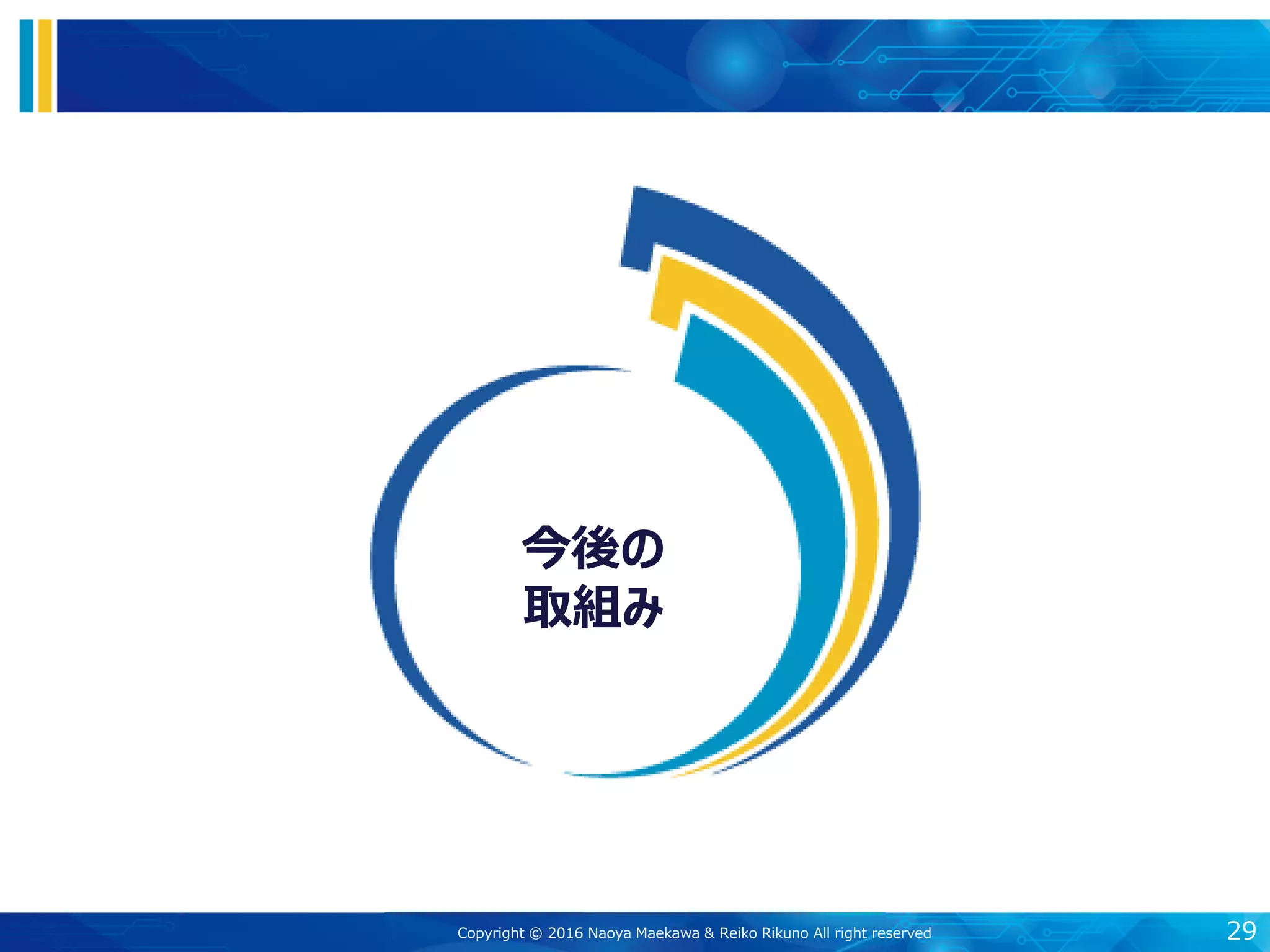 今後の
取組み
29Copyright © 2016 Naoya Maekawa & Reiko Rikuno All right reserved
 