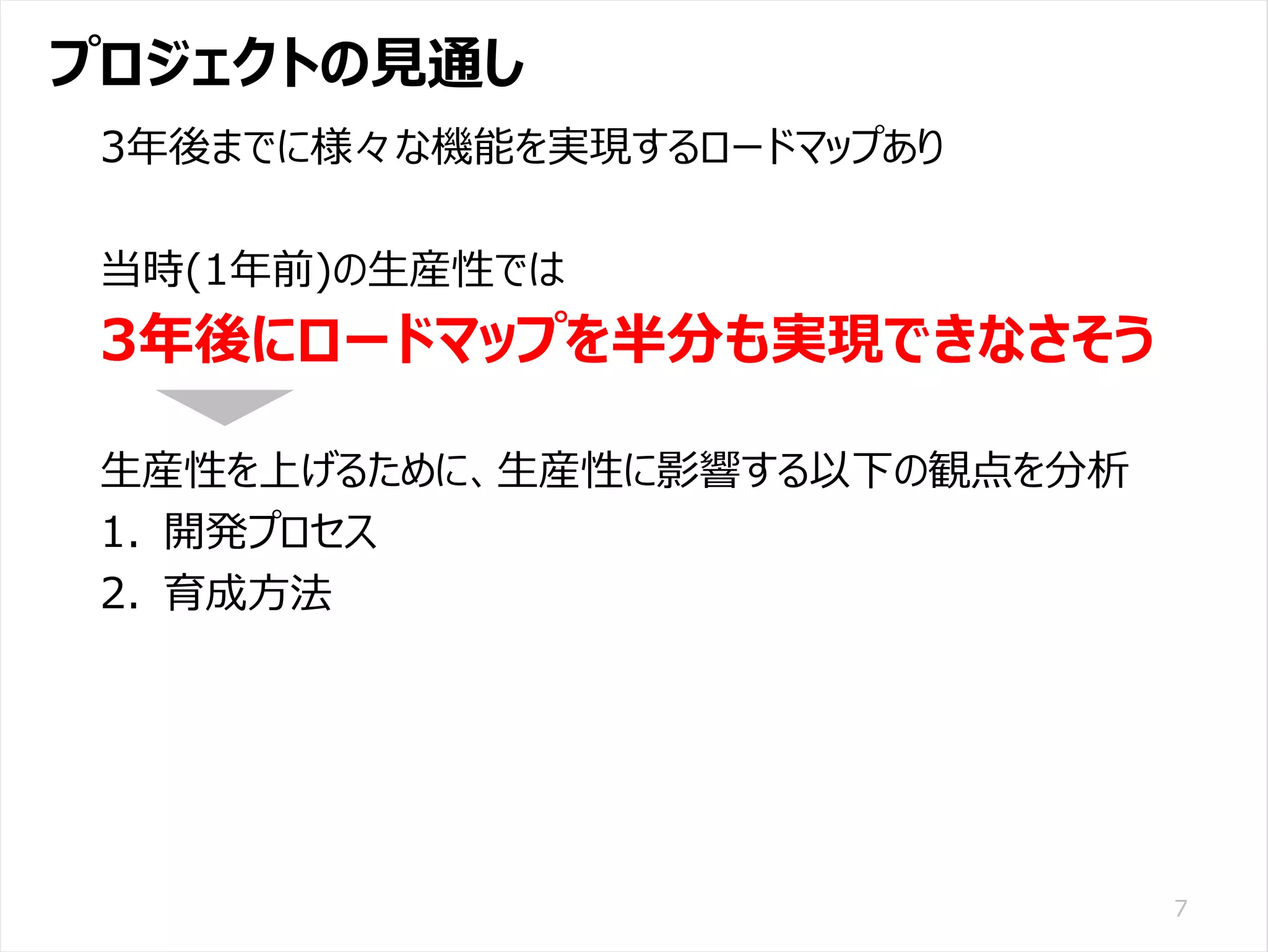 /65
Developers Summit 2020 KANSAI / 2020-8-27 / Yusuke Kojima
© DENSO CORPORATION All RightsReserved.
プロジェクトの見通し
7
3年後までに様々な機能を実現するロードマップあり
当時(1年前)の生産性では
3年後にロードマップを半分も実現できなさそう
生産性を上げるために、生産性に影響する以下の観点を分析
1. 開発プロセス
2. 育成方法
 