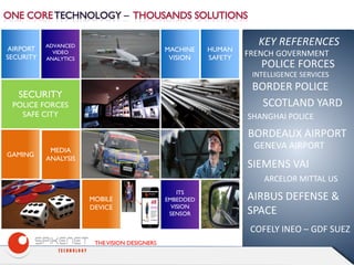 THEVISION DESIGNERS
AIRPORT
SECURITY
ADVANCED
VIDEO
ANALYTICS
SECURITY
POLICE FORCES
SAFE CITY
GAMING
MEDIA
ANALYSIS
MOBILE
DEVICE
MACHINE
VISION
HUMAN
SAFETY
ITS
EMBEDDED
VISION
SENSOR
KEY REFERENCES
FRENCH GOVERNMENT
BORDEAUX AIRPORT
SCOTLAND YARD
GENEVA AIRPORT
SHANGHAI POLICE
SIEMENS VAI
ARCELOR MITTAL US
AIRBUS DEFENSE &
SPACE
COFELY INEO – GDF SUEZ
POLICE FORCES
INTELLIGENCE SERVICES
BORDER POLICE
 