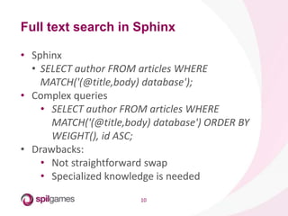 10
• Sphinx
• SELECT author FROM articles WHERE
MATCH('(@title,body) database');
• Complex queries
• SELECT author FROM ar...