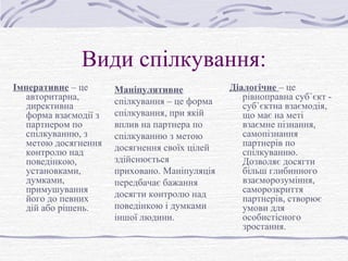 Види спілкування:
Імперативне – це
авторитарна,
директивна
форма взаємодії з
партнером по
спілкуванню, з
метою досягнення
контролю над
поведінкою,
установками,
думками,
примушування
його до певних
дій або рішень.
Діалогічне – це
рівноправна суб`єкт -
суб`єктна взаємодія,
що має на меті
взаємне пізнання,
самопізнання
партнерів по
спілкуванню.
Дозволяє досягти
більш глибинного
взаєморозуміння,
саморозкриття
партнерів, створює
умови для
особистісного
зростання.
Маніпулятивне
спілкування – це форма
спілкування, при якій
вплив на партнера по
спілкуванню з метою
досягнення своїх цілей
здійснюється
приховано. Маніпуляція
передбачає бажання
досягти контролю над
поведінкою і думками
іншої людини.
 