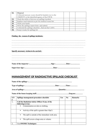 12. Disposal
Collected mercury waste should be handed over to the
CBMWTF or the identified agency of the CPCB.
13. Wash the utility of devices on spillage incident
14. Replace used material as per bio medical waste bin
15. Wash your hands
16. Write the spillage report form and submit
17. Collected the spillage checklist , find out the CAPA
18. Keep it ready for spillage kit
Finding the reason of spillage incidents:
……………………………………………………………………………………………………………
……………………………………………………………………………………………………………
……………………………………………………………………………………………………………
…………………………………………………………………………………………………………
Specify necessary Action to be carried :
……………………………………………………………………………………………………………
……………………………………………………………………………………………………………
……………………………………………………………………………………………………………
Name of the inspector :………………………………Sign :………………Date :……………
Supervisor sign :…………………………………………Date :……………………………….
MANAGEMENT OF RADIOACTIVE SPILLAGE CHECKLIST
Name of the spillage :……………………………………………………………….
Type of spillage :……………………………………………Date :……….Time:…………
Area of spillage :…………………………………………………Quantity:…………………………
Name of the house keeping staff:………………………………………………Emp.no:…………
S.N
o
Spillage management procedure checklist Yes No Remarks
1, Call the Radiation Safety Officer if any of the
following is true:
 Contamination on skin or clothing.
 Activity of the spill is greater than 10μCi.
 The spill is outside of the immediate work area.
 The spill covers a large area or volume.
2. Use SWIMS! Techniques
 
