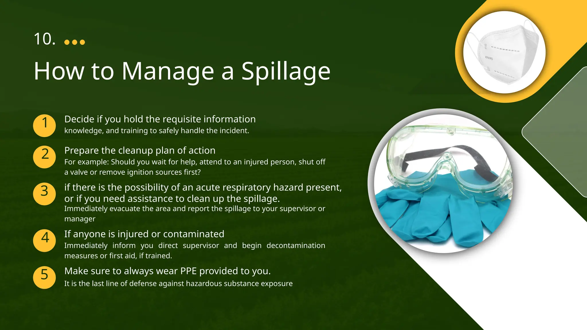 10.
How to Manage a Spillage
1
2
3
Decide if you hold the requisite information
Prepare the cleanup plan of action
if there is the possibility of an acute respiratory hazard present,
or if you need assistance to clean up the spillage.
knowledge, and training to safely handle the incident.
For example: Should you wait for help, attend to an injured person, shut off
a valve or remove ignition sources first?
Immediately evacuate the area and report the spillage to your supervisor or
manager
4
5
If anyone is injured or contaminated
Make sure to always wear PPE provided to you.
Immediately inform you direct supervisor and begin decontamination
measures or first aid, if trained.
It is the last line of defense against hazardous substance exposure
 