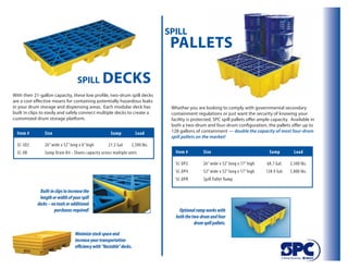 spill
                                                                                palletS

                                   spill         DeCkS
With their 21-gallon capacity, these low profile, two-drum spill decks
are a cost effective means for containing potentially hazardous leaks
in your drum storage and dispensing areas. Each modular deck has                Whether you are looking to comply with governmental secondary
built in clips to easily and safely connect multiple decks to create a          containment regulations or just want the security of knowing your
customized drum storage platform.                                               facility is protected, SPC spill pallets offer ample capacity. Available in
                                                                                both a two-drum and four-drum configuration, the pallets offer up to
  Item #        Size                                  Sump            Load      128 gallons of containment — double the capacity of most four-drum
                                                                                spill pallets on the market!
  SC-SD2        26” wide x 52” long x 6” high        21.2 Gal.    2,500 lbs.
  SC-DK         Sump Drain Kit - Shares capacity across multiple units            Item #          Size                              Sump          Load

                                                                                  SC-DP2          26” wide x 52” long x 17” high   68.7 Gal.    2,500 lbs.
                                                                                  SC-DP4          52” wide x 52” long x 17” high   128.9 Gal.   5,000 lbs.
                                                                                  SC-DPR          Spill Pallet Ramp

             Built-in clips to increase the
             length or width of your spill
            decks – no tools or additional
                     purchases required!                                            Optional ramp works with
                                                                                  both the two-drum and four
                                                                                            drum spill pallets.

                                  Minimize stock space and
                                  increase your transportation
                                  efficiency with “Nestable” decks.
 