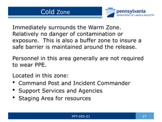 Cold Zone
Immediately surrounds the Warm Zone.
Relatively no danger of contamination or
exposure. This is also a buffer zone to insure a
safe barrier is maintained around the release.
Personnel in this area generally are not required
to wear PPE.
Located in this zone:
 Command Post and Incident Commander
 Support Services and Agencies
 Staging Area for resources
27
PPT-095-01
 
