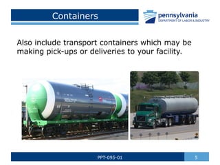 Containers
Also include transport containers which may be
making pick-ups or deliveries to your facility.
5
PPT-095-01
 