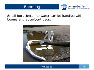 Booming
Small intrusions into water can be handled with
booms and absorbent pads.
54
PPT-095-01
 