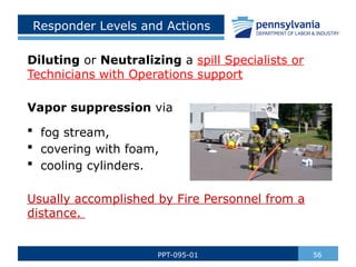 Responder Levels and Actions
Diluting or Neutralizing a spill Specialists or
Technicians with Operations support
Vapor suppression via
 fog stream,
 covering with foam,
 cooling cylinders.
Usually accomplished by Fire Personnel from a
distance.
56
PPT-095-01
 