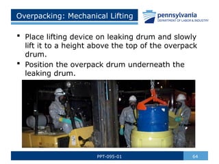 Overpacking: Mechanical Lifting
 Place lifting device on leaking drum and slowly
lift it to a height above the top of the overpack
drum.
 Position the overpack drum underneath the
leaking drum.
64
PPT-095-01
 