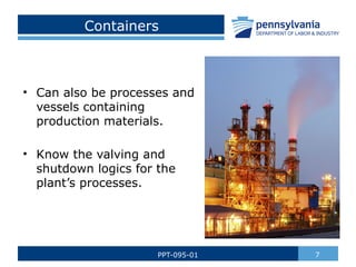 Containers
• Can also be processes and
vessels containing
production materials.
• Know the valving and
shutdown logics for the
plant’s processes.
7
PPT-095-01
 
