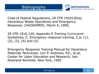 Bibliography
Code of Federal Regulations, 29 CFR 1910120(q)
Hazardous Waste Operations and Emergency
Response, (HAZWOPER), March 6, 1990.
29 CFR 1910.120, Appendix E Training Curriculum
Guidelines, C. Emergency response training, C,b, (1),
(2), (3), (4) and (5)
Emergency Response Training Manual for Hazardous
Materials Technician, Lori P. Andrews, P.E., et.al,
Center for Labor Education and Research, Van
Nostrand Reinhold, New York, 1992
84
PPT-095-01
 