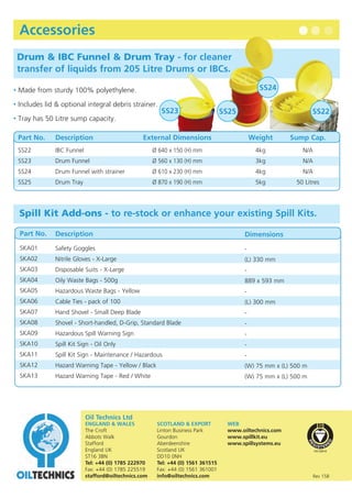 Spill Kit Add-ons - to re-stock or enhance your existing Spill Kits. 
ENGLAND & WALES 
The Croft 
Abbots Walk 
Stafford 
England UK 
ST16 3BN 
Tel: +44 (0) 1785 222970 
Fax: +44 (0) 1785 225519 
stafford@oiltechnics.com 
WEB 
www.oiltechnics.com 
www.spillkit.eu 
www.spillsystems.eu 
Oil Technics Ltd 
SCOTLAND & EXPORT 
Linton Business Park 
Gourdon 
Aberdeenshire 
Scotland UK 
DD10 0NH 
Tel: +44 (0) 1561 361515 
Fax: +44 (0) 1561 361001 
info@oiltechnics.com Rev 15B 
Part No. 
SKA01 
SKA02 
SKA03 
SKA04 
SKA05 
SKA06 
SKA07 
SKA08 
SKA09 
SKA10 
SKA11 
SKA12 
SKA13 
Description 
Safety Goggles 
Nitrile Gloves - X-Large 
Disposable Suits - X-Large 
Oily Waste Bags - 500g 
Hazardous Waste Bags - Yellow 
Cable Ties - pack of 100 
Hand Shovel - Small Deep Blade 
Shovel - Short-handled, D-Grip, Standard Blade 
Hazardous Spill Warning Sign 
Spill Kit Sign - Oil Only 
Spill Kit Sign - Maintenance / Hazardous 
Hazard Warning Tape - Yellow / Black 
Hazard Warning Tape - Red / White 
Dimensions 
- 
(L) 330 mm 
- 
889 x 593 mm 
- 
(L) 300 mm 
- 
- 
- 
- 
- 
(W) 75 mm x (L) 500 m 
(W) 75 mm x (L) 500 m 
SS23 
SS24 
SS25 SS22 
Accessories 
Part No. 
SS22 
SS23 
SS24 
SS25 
Description 
IBC Funnel 
Drum Funnel 
Drum Funnel with strainer 
Drum Tray 
External Dimensions 
Ø 640 x 150 (H) mm 
Ø 560 x 130 (H) mm 
Ø 610 x 230 (H) mm 
Ø 870 x 190 (H) mm 
Weight 
4kg 
3kg 
4kg 
5kg 
Sump Cap. 
N/A 
N/A 
N/A 
50 Litres 
Drum & IBC Funnel & Drum Tray - for cleaner 
transfer of liquids from 205 Litre Drums or IBCs. 
• Made from sturdy 100% polyethylene. 
• Includes lid & optional integral debris strainer. 
• Tray has 50 Litre sump capacity. 
