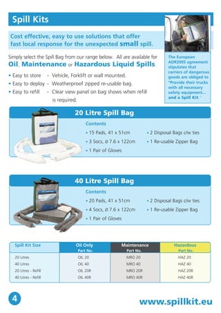 Spill Kits 
Cost effective, easy to use solutions that offer 
fast local response for the unexpected small spill. 
Simply select the Spill Bag from our range below. All are available for 
Oil, Maintenance or Hazardous Liquid Spills. 
• Easy to store - Vehicle, Forklift or wall mounted. 
• Easy to deploy - Weatherproof zipped re-usable bag. 
• Easy to refill - Clear view panel on bag shows when refill 
is required. 
20 Litre Spill Bag 
Contents 
• 15 Pads, 41 x 51cm 
• 3 Socs, Ø 7.6 x 122cm 
• 1 Pair of Gloves 
The European 
ADR2005 agreement 
stipulates that 
carriers of dangerous 
goods are obliged to 
“Provide their trucks 
with all necessary 
safety equipment... 
and a Spill Kit.” 
• 2 Disposal Bags c/w ties 
• 1 Re-usable Zipper Bag 
40 Litre Spill Bag 
Contents 
• 20 Pads, 41 x 51cm 
• 4 Socs, Ø 7.6 x 122cm 
• 1 Pair of Gloves 
• 2 Disposal Bags c/w ties 
• 1 Re-usable Zipper Bag 
Spill Kit Size Oil Only Maintenance Hazardous 
Part No. 
HAZ 20 
HAZ 40 
HAZ 20R 
HAZ 40R 
20 Litres 
40 Litres 
20 Litres - Refill 
40 Litres - Refill 
Part No. 
OIL 20 
OIL 40 
OIL 20R 
OIL 40R 
Part No. 
MRO 20 
MRO 40 
MRO 20R 
MRO 40R 
4 www.spillkit.eu 
 