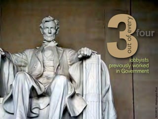 3
      out of every
                     four

         lobbyists
previously worked
   in Government




                            SOURCE: Washington Post
 