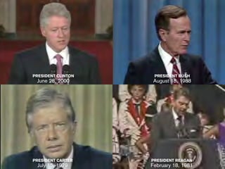 PRESIDENT CLINTON    PRESIDENT BUSH
 June 28, 2000       August 18, 1988




PRESIDENT CARTER    PRESIDENT REAGAN
  July 15, 1979     February 18, 1981
 