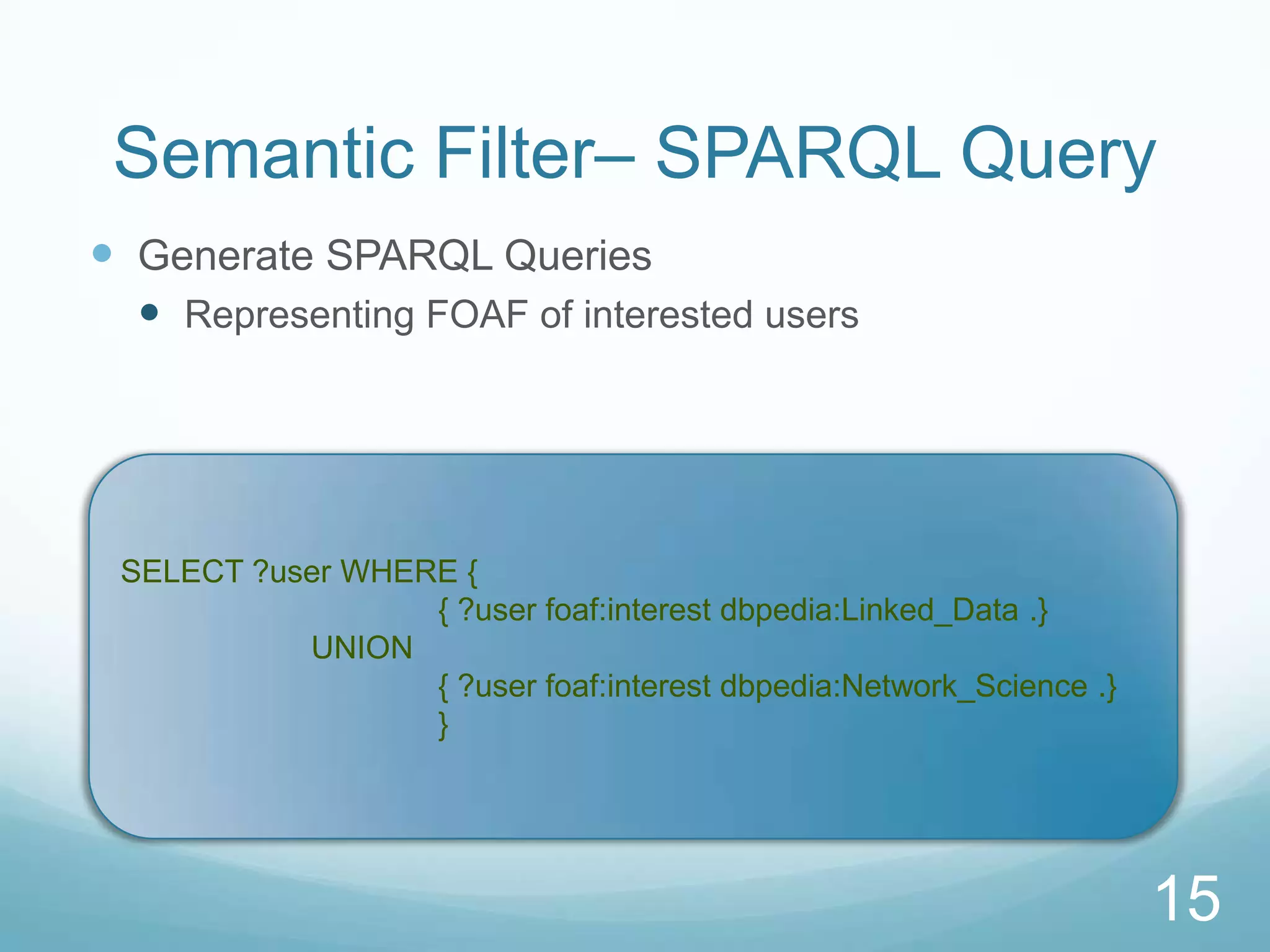 Semantic Filter– SPARQL Query
 Generate SPARQL Queries
   Representing FOAF of interested users




 SELECT ?user WHERE {
                  { ?user foaf:interest dbpedia:Linked_Data .}
           UNION
                  { ?user foaf:interest dbpedia:Network_Science .}
                  }




                                                                     15
 